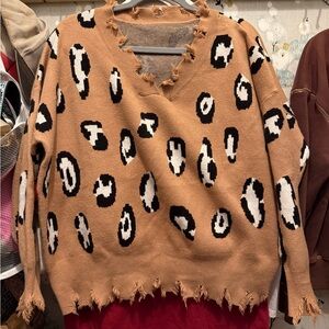 Source Unknown Distressed Leopard V-Neck Sweater - Brown and Black